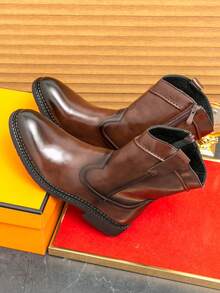 Western Style High-Top Cowboy Boots For Men With Side Zipper - Brown - View 4