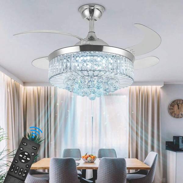 42 Inch Crystal Ceiling Fans With Lights, Modern Dimmable Fandelier LED Remote Control Retractable Invisible Blades Indoor Reversible Ceiling Light Kits With Fans For Decorate Living Room Bedroom