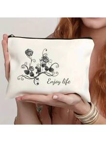 1pc Customizable Unique Fashion Simple Letter Lightweight Pouch For Phone, Cosmetics, Coins - Portable, Cute - Beige - View 3