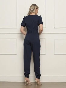 Plain Linen Jumpsuit With V-Neckline And Free Belt - Màu xanh hải quân - Xem 3