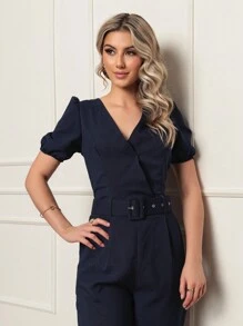 Plain Linen Jumpsuit With V-Neckline And Free Belt - Màu xanh hải quân - Xem 5