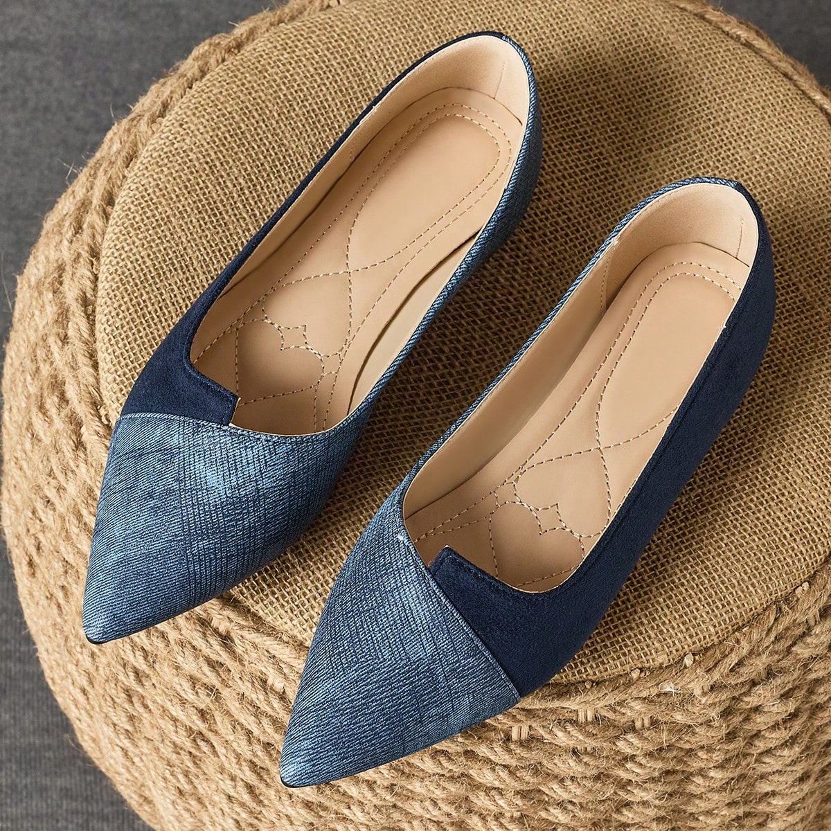 Zapatos planos casuales de punta fina tipo slip-on para mujer, azul pizarra, adecuados para primavera, verano y otoño, uso versátil diario y al aire