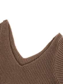 Knit Mix 女士 V 领喇叭袖罗纹针织长款休闲/通勤连衣裙，纯色，宽松版型（图案随机） - 咖啡棕 - 查看 8