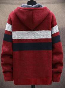 Korean Style Men's Fleece Full Zip Hooded Cardigan With Sherpa Lining, Thick Knitted Cardigan Outerwear, Fall/Winter, Long Sleeve Top - Red - View 5