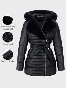 Giolshon Women's Fall/Winter Faux Leather Puffer Jacket, Faux Fur Collar,Teacher Outfits , Adjustable Belt For Chic Commuting & Layering - Black - View 2