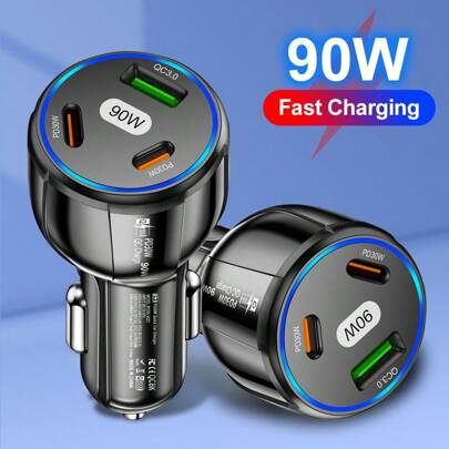 1 Pc Total 90W Multi Port USB 2PD Type C Car Charger PD Phone Charger Quick 3.0 Fast Charging Power Adapter Compatible With IPhone Compatible With IPhone, IPad, Android Phone, Laptops, Fast Charging Adapter Quick Charge And Multi-Device Support Compact Design For And Efficient Charging On-The-Go Fast Car Charger Gifts For Family, Friends, Kids, Birthday, Christmas, Winter, Car Accessories