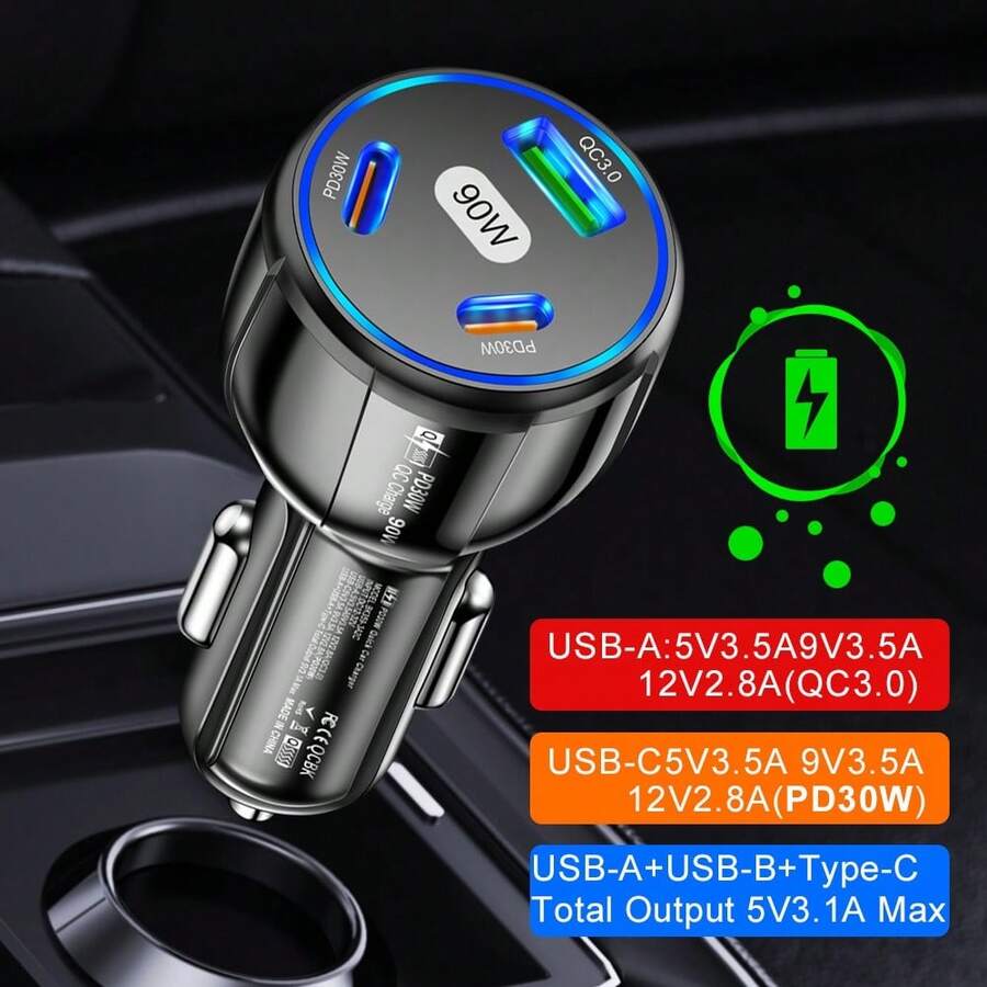 1 Pc Total 90W Multi Port USB 2PD Type C Car Charger PD Phone Charger