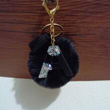 1pc Cute Letter Shaped Zinc Alloy Keychain, Keyring Spring/Summer/Autumn/Winter, Black English Letters & Fuzzy Ball Decor Car Accessories Bag Charm Backpack For School Goth Y2k Christmas Gift Ideas Bag Accessories Lanyards With Id Holder Car Accessories Bag Charms Car Teacher Friend Sister - Black + White - View 13