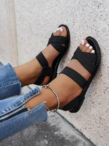 "Women's Plus Size Square Toe Strappy Sandals With Rhinestone Embellishment - Gold - Black - View 3