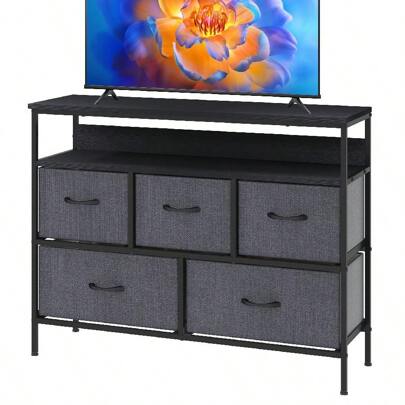 Space-Saving 5-Drawer TV Stand - Entertainment Center With Fabric Drawers, Console Table With Shelves, Storage Unit For Home