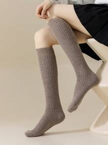 1 双女士纯色双针针织羊毛舒适保暖小腿袜适合居家使用 - 棕色 - 查看 6
