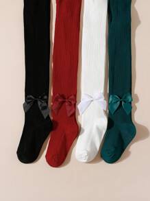4 件装女童纯色条纹蝴蝶结打底裤连裤袜，适合日常穿着和节日 - 彩色 - 查看 4