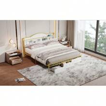 Metal Platform Bed With 3 Drawers, Storage Headboard, King, Gold