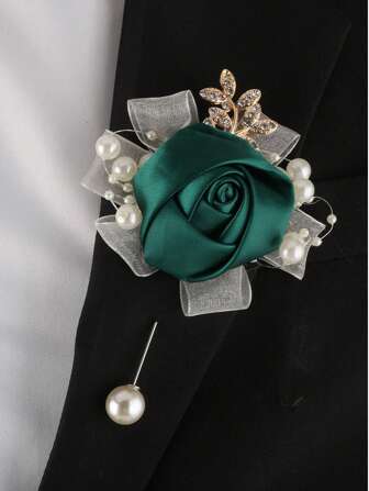 1 件装绿色仿珍珠和花朵装饰胸花男士胸花婚礼