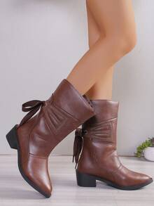 Bottes à talon épais avec pointe pointue, décor de strass et laçage pour femmes, bottes Chelsea, bottes cavalières mi-mollet, bottes d'hiver, bottes western polyvalentes, bottes de moto, talons hauts noirs - Tabac - Voir 2