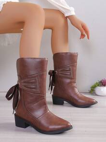 Bottes à talon épais avec pointe pointue, décor de strass et laçage pour femmes, bottes Chelsea, bottes cavalières mi-mollet, bottes d'hiver, bottes western polyvalentes, bottes de moto, talons hauts noirs - Tabac - Voir 1