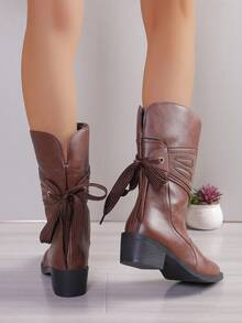 Bottes à talon épais avec pointe pointue, décor de strass et laçage pour femmes, bottes Chelsea, bottes cavalières mi-mollet, bottes d'hiver, bottes western polyvalentes, bottes de moto, talons hauts noirs - Tabac - Voir 5