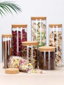 1PC Glass Sealed Jar With Wood Lid Spice Jar Kitchen Grain Storage Pots Tea Coffee Candy Jar Transparent Split Bottle Storage Tank