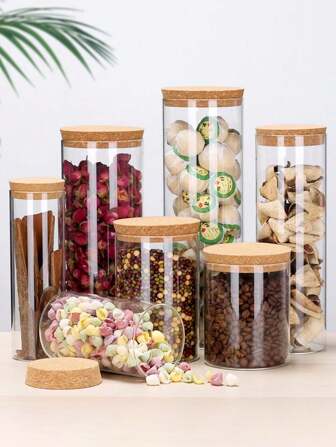 1PC Glass Sealed Jar With Wood Lid Spice Jar Kitchen Grain Storage Pots Tea Coffee Candy Jar Transparent Split Bottle Storage Tank