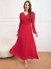 Eilly Bazar Women's V-Neck Ruched Waist Long Sleeve Maxi Chiffon Dress With Backless Design, Suitable For Spring/Summer, Valentine's Day - Red - View 1