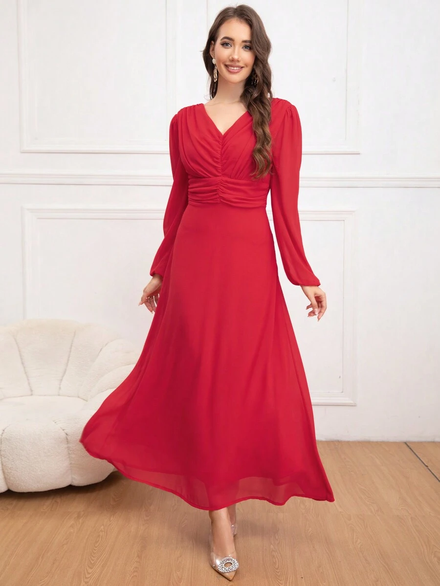 Eilly Bazar Women's V-Neck Ruched Waist Long Sleeve Maxi Chiffon Dress With Backless Design, Suitable For Spring/Summer, Valentine's Day - Red - View 1