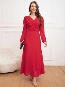 Eilly Bazar Women's V-Neck Ruched Waist Long Sleeve Maxi Chiffon Dress With Backless Design, Suitable For Spring/Summer, Valentine's Day - Red - View 3