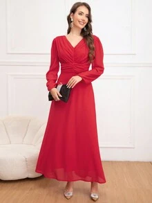 Eilly Bazar Women's V-Neck Ruched Waist Long Sleeve Maxi Chiffon Dress With Backless Design, Suitable For Spring/Summer, Valentine's Day - Red - View 5