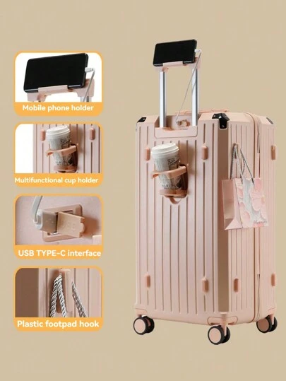 Compartimento de equipaje universal silencioso de 25 pulgadas/29 pulgadas/31 pulgadas con ruedas gruesas, compartimento de equipaje con cerradura con contraseña y portavasos, compartimento de equipaje de gran capacidad para bolsa de viaje, accesorios escolares y artículos escolares