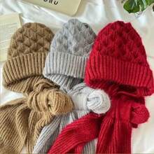 3 件套女士冬季厚羊毛围巾和帽子套装 - 1 件弹性涤纶针织头带 - 手洗，休闲纯色配饰，保暖防风 - 彩色 - 查看 3