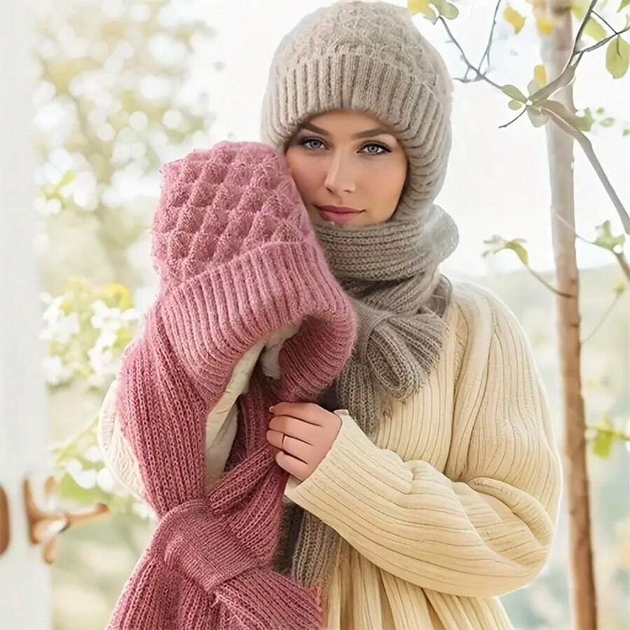3 件套女士冬季厚羊毛围巾和帽子套装 - 1 件弹性涤纶针织头带 - 手洗，休闲纯色配饰，保暖防风 - 彩色 - 查看 1