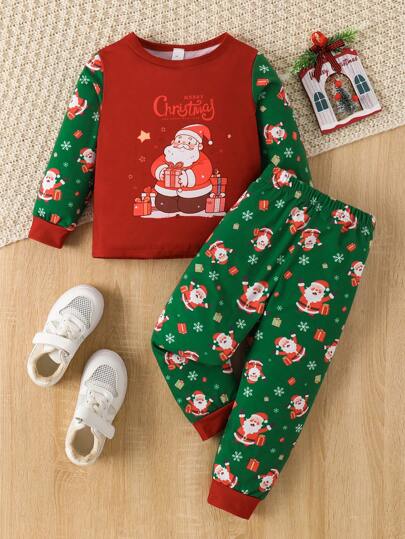 2 peças/Conjunto Menino Jovem Papai Noel de Natal & Impressão de Alce Xadrez Camiseta de Manga Longa e Calça, Conjunto de Natal