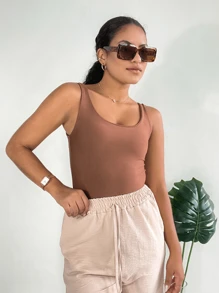 Kit 3 Women's Bodysuit With Straps, Square Neckline, Casual Suplex - Rỉ Nâu - Xem 2