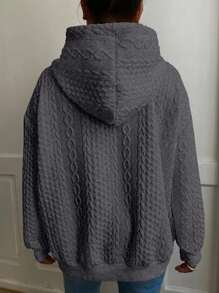 Sweat-shirt à capuche à manches longues ample et décontracté en tricot jacquard de couleur unie pour femmes grandes tailles