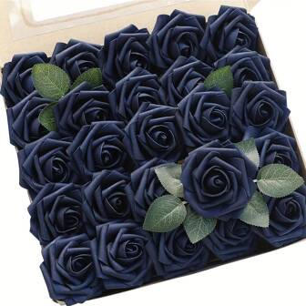 Classic Style Artificial Roses - 25 Packs PET Navy Foam Fake Flowers With Stems For DIY Wedding Bouquets, Bridal Shower Centerpieces, Party Table Decorations, Valentine Day, Gift Gifts Birthday Graduation