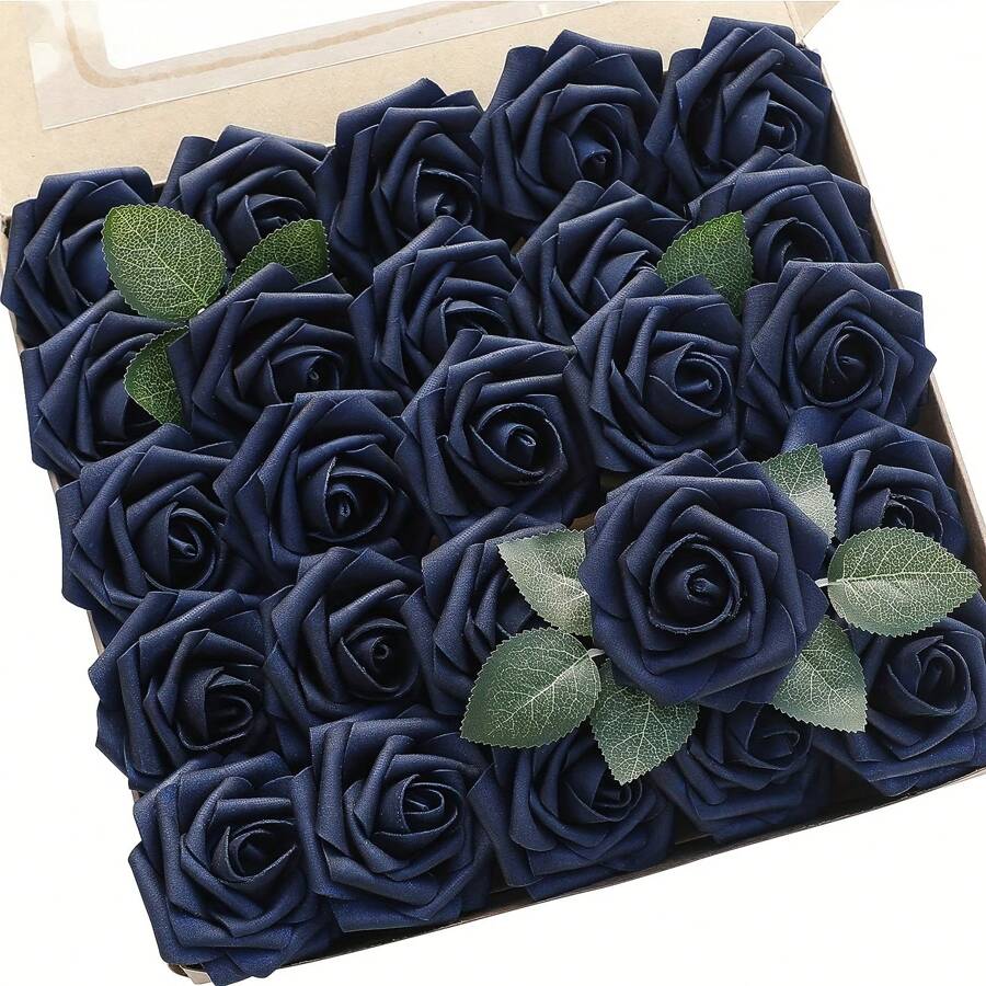 Rosas artificiales de estilo clásico - 25 paquetes de flores falsas de espuma PET azul marino con tallos para arreglos florales DIY de bodas, centros de mesa para despedida de soltera, decoraciones de fiesta, Día de San Valentín, regalo