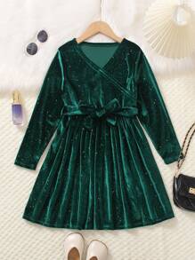 Vestido elegante novo outono para meninas pré-adolescentes, vestido de veludo com decote em V e manga comprida com laço