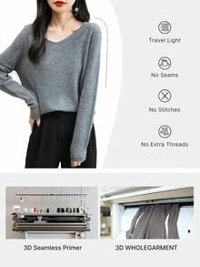 女士毛衣 一字无缝毛衣 女士 V 领毛衣 秋冬长袖柔软针织套头衫 - 灰色 - 查看 4