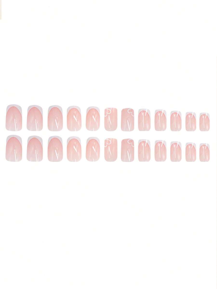 24 pièces Stickers d'ongles français roses courts en forme de cœur avec adhésif à pression, base