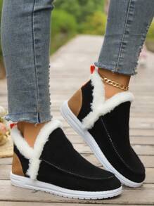 Fall/Winter Plus Size Women's Casual Patchwork Snow Boots, Lightweight, Comfortable Low-Top Fluffy Lined Warm Boots, Slip-On Loafers