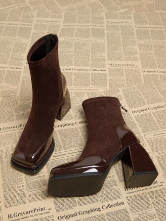 2025 Autumn New Arrivals Waterproof Platform European & American Style Women's Elegant High Heel Boots, Thick Heel Square Toe Nightclub Ankle Boots, Fashion Burgundy Short Boots For Winter