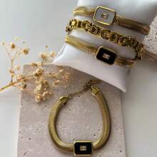 Set de 3 piezas Brazalete de acero de titanio con adorno de piedra natural y cristales, se puede comprar individualmente, de estilo famoso en de Europa y América, no se descolora, cadena de eslabones con baño de oro de 18k, diseño de superposición - Dorado - Ver 5