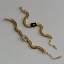 Set de 3 piezas Brazalete de acero de titanio con adorno de piedra natural y cristales, se puede comprar individualmente, de estilo famoso en de Europa y América, no se descolora, cadena de eslabones con baño de oro de 18k, diseño de superposición - Dorado - Ver 6
