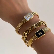 Set de 3 piezas Brazalete de acero de titanio con adorno de piedra natural y cristales, se puede comprar individualmente, de estilo famoso en de Europa y América, no se descolora, cadena de eslabones con baño de oro de 18k, diseño de superposición - Dorado - Ver 1
