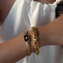 Set de 3 piezas Brazalete de acero de titanio con adorno de piedra natural y cristales, se puede comprar individualmente, de estilo famoso en de Europa y América, no se descolora, cadena de eslabones con baño de oro de 18k, diseño de superposición - Dorado - Ver 4