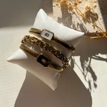 Set de 3 piezas Brazalete de acero de titanio con adorno de piedra natural y cristales, se puede comprar individualmente, de estilo famoso en de Europa y América, no se descolora, cadena de eslabones con baño de oro de 18k, diseño de superposición - Dorado - Ver 3