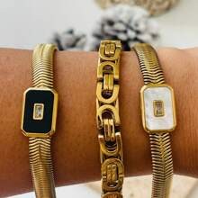 Set de 3 piezas Brazalete de acero de titanio con adorno de piedra natural y cristales, se puede comprar individualmente, de estilo famoso en de Europa y América, no se descolora, cadena de eslabones con baño de oro de 18k, diseño de superposición - Dorado - Ver 2