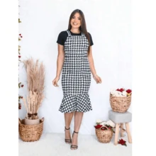 JARDINEIRA BABADO TECIDO SUPLEX MODA EVANGÉLICA FASHION CHIC SALOPETE PÉ DE POULE