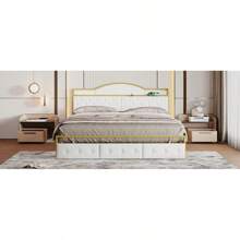 Metal Platform Bed With 3 Drawers, Storage Headboard, King, Gold