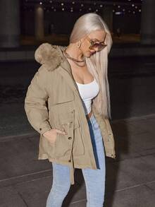 מעיל חאקי קלאסי מזדמן עם שרוך מותן מרופד כיסים עם רוכסן קדמי צווארון פרווה עם קפוצ'ון גזרה רופפת תלבושות יומיומיות בגדי סתיו חורף לנשים - חאקי - ראה 3