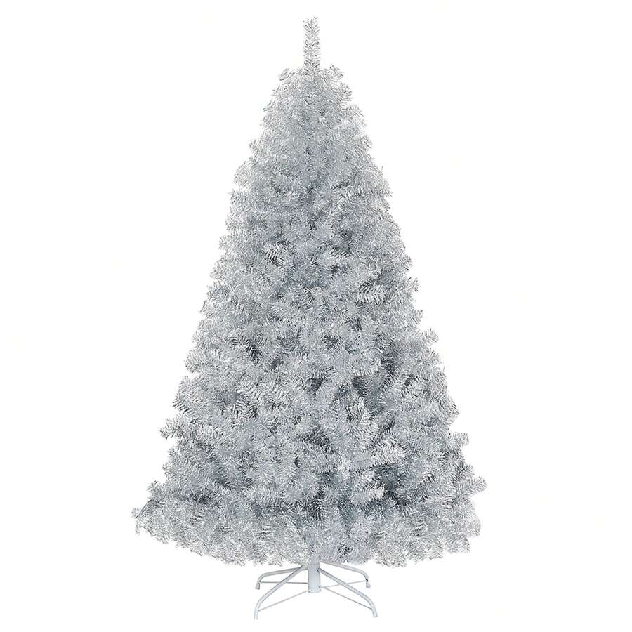 6Ft Hinged Unlit Artificial Silver Tinsel Christmas Tree Holiday W/Metal Stand - Silver - View 1